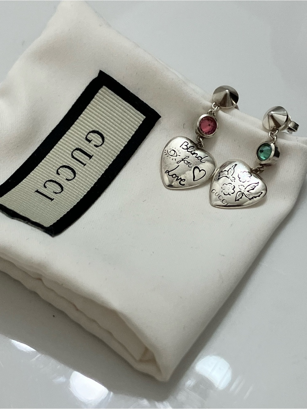 Gucci Blind for Love Silver Heart Drop Earrings with Pink and Green Stones